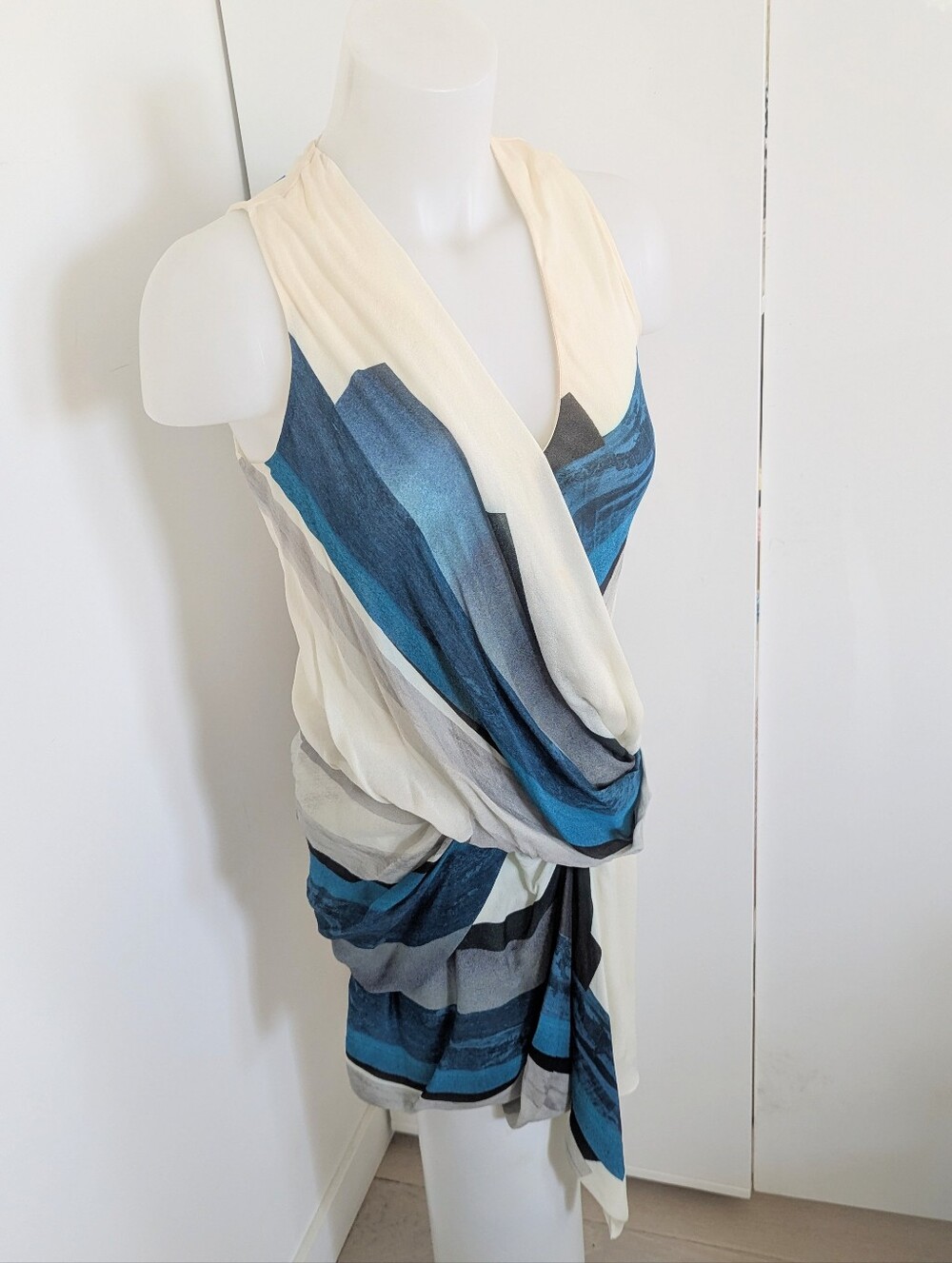 HELMUT LANG Silk Abstract Tetra Print Mini Dress With Draped Front; Size 2